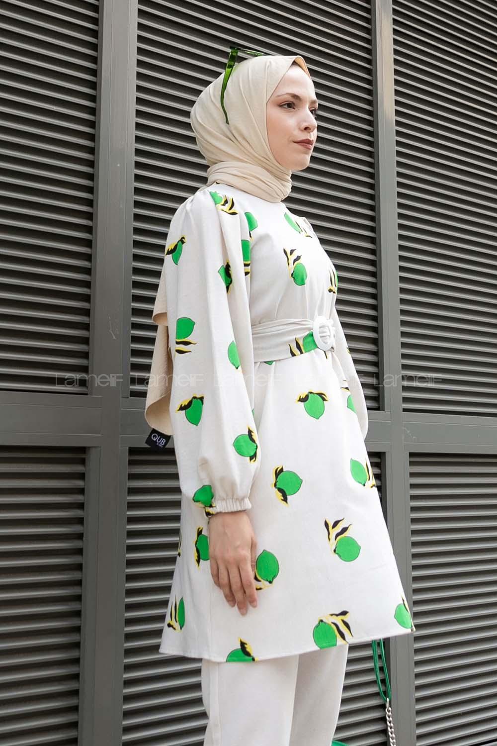 Modalamelif Limon Baskılı Balon Kol Takım Yeşil