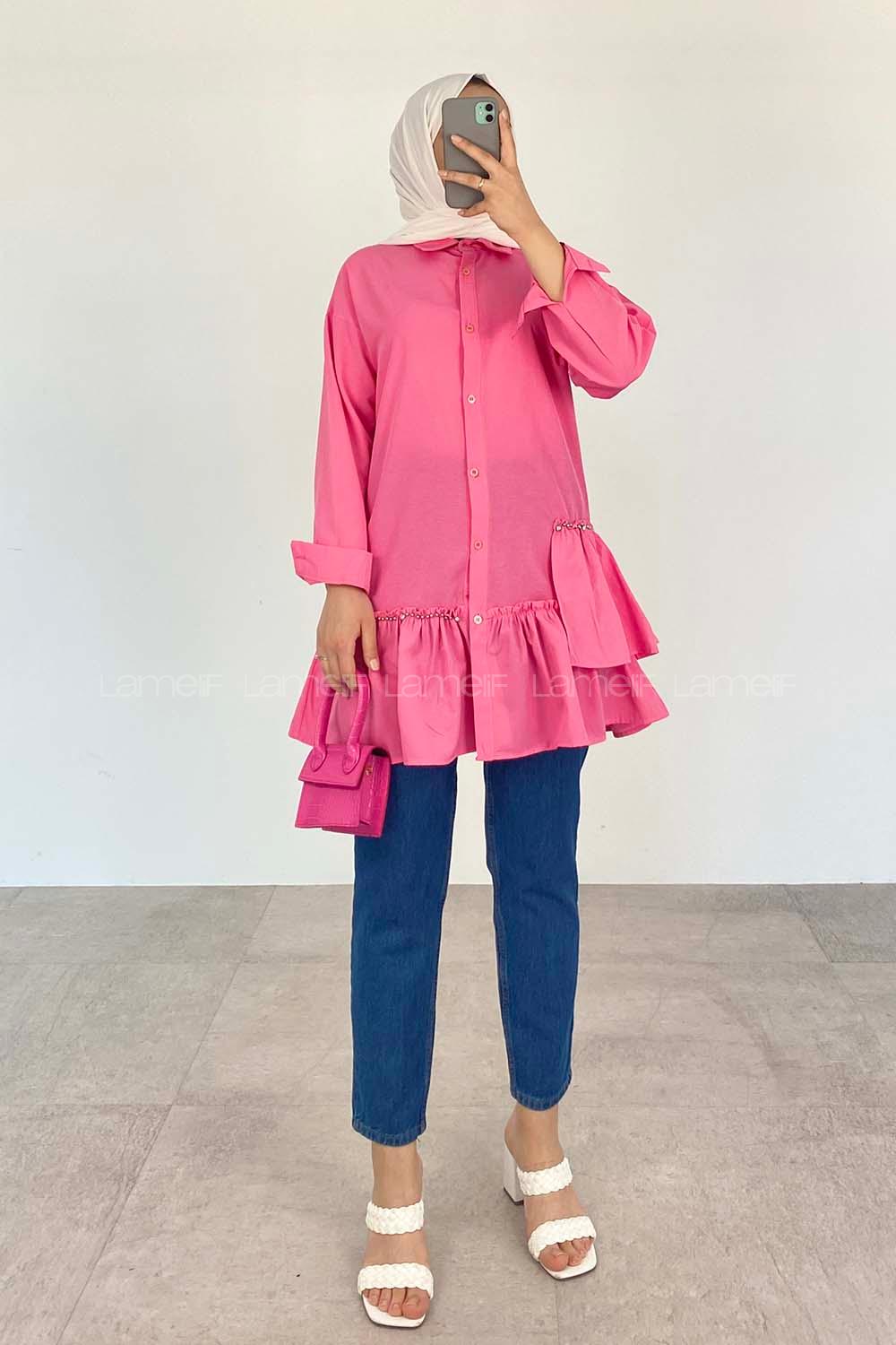 Candy Pink Shirt Collar Long Arm Cotton Unprinted Shirt