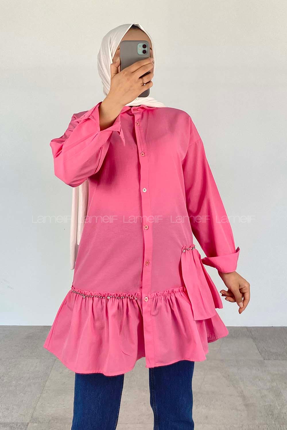 Candy Pink Shirt Collar Long Arm Cotton Unprinted Shirt