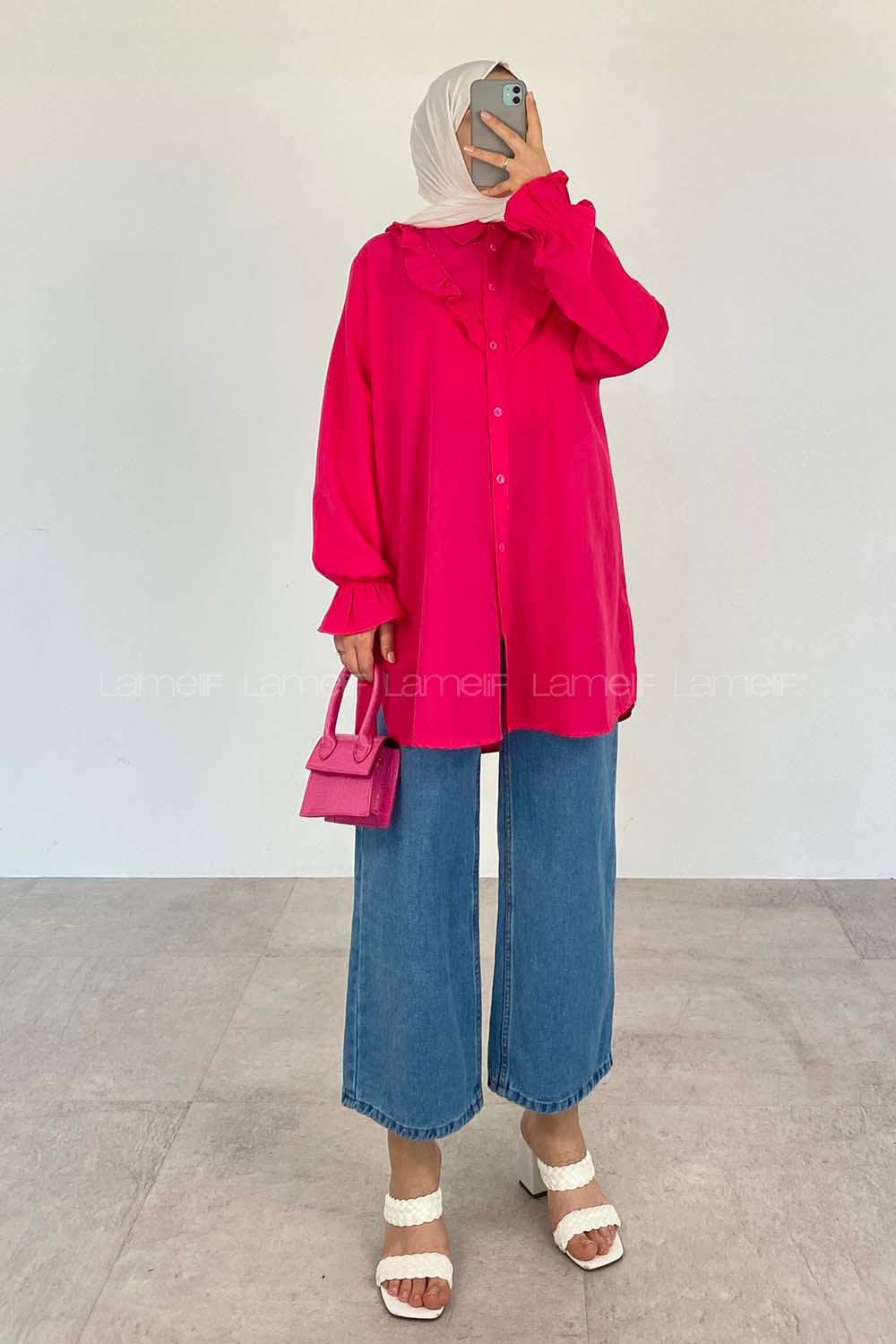 Fuchsia Shirt Collar Long Arm Cotton Unprinted Shirt