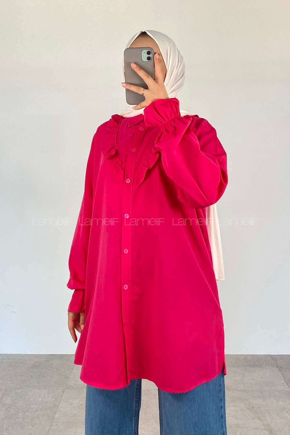 Fuchsia Shirt Collar Long Arm Cotton Unprinted Shirt