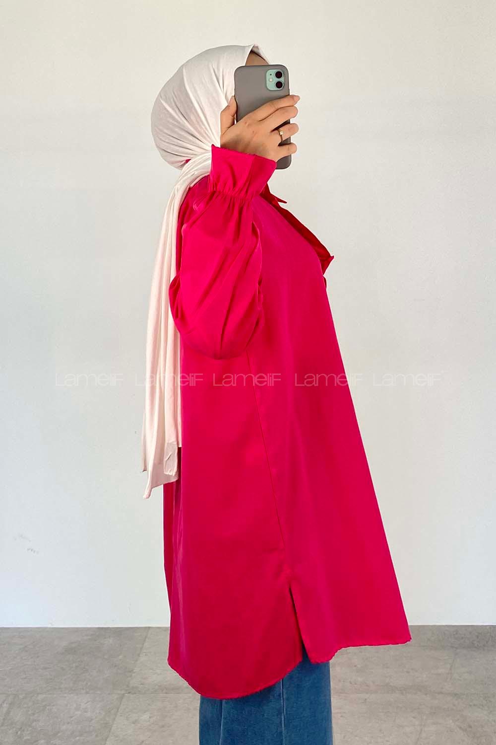 Fuchsia Shirt Collar Long Arm Cotton Unprinted Shirt