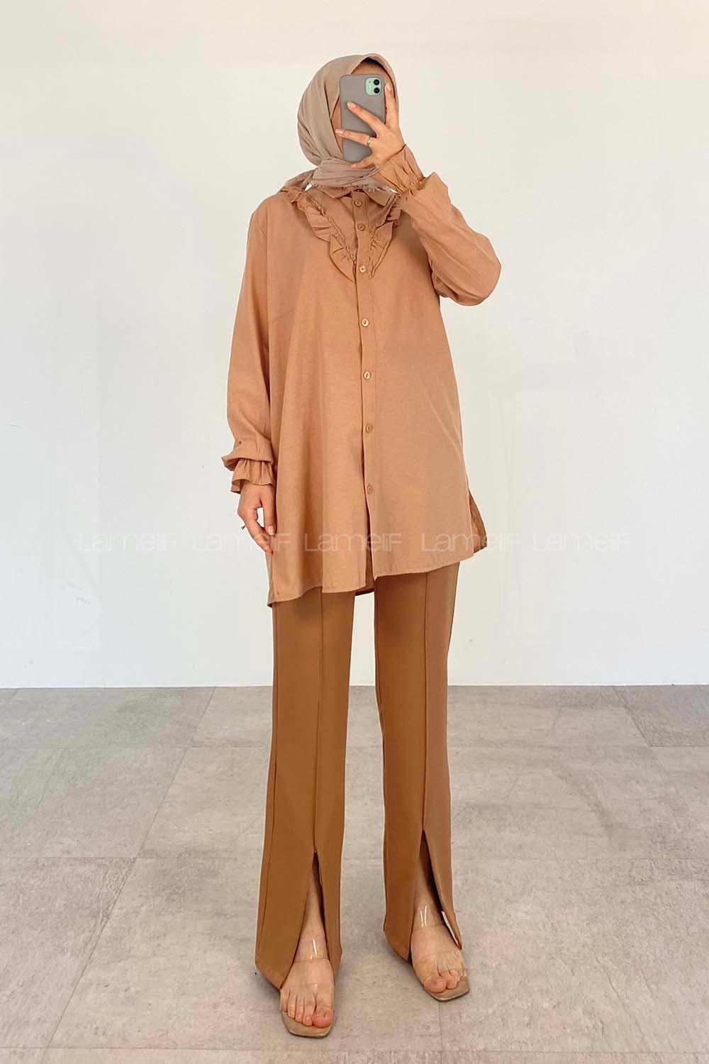 Brown With Milk Shirt Collar Long Arm Cotton Unprinted Shirt