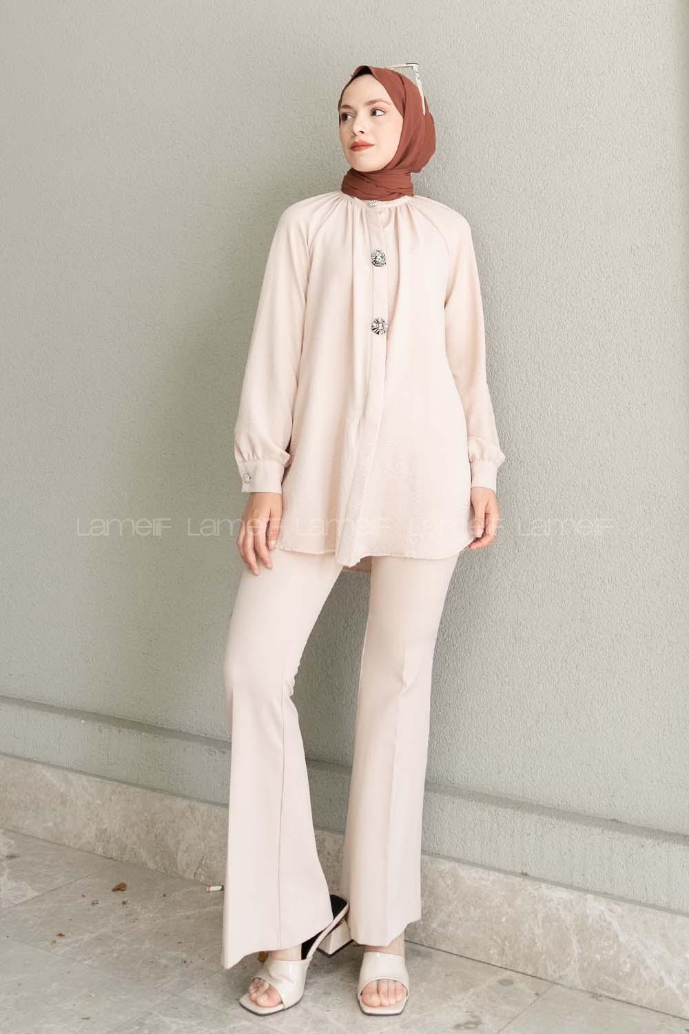 Beige Mandarin Collar Long Arm Ayrobin Unprinted Shirt