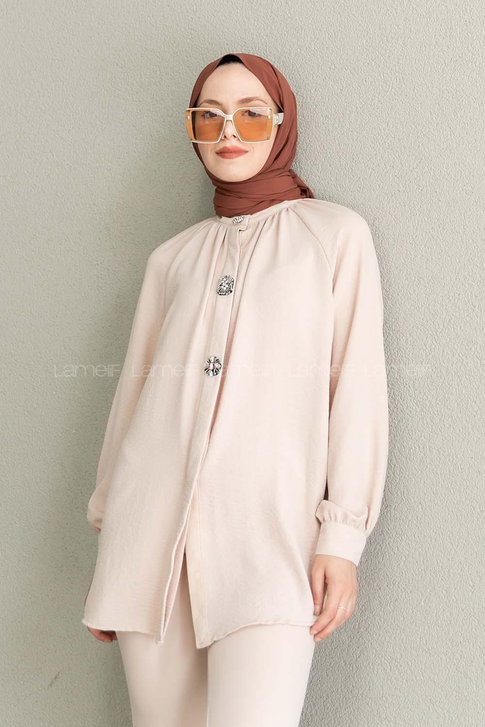 Beige Mandarin Collar Long Arm Ayrobin Unprinted Shirt