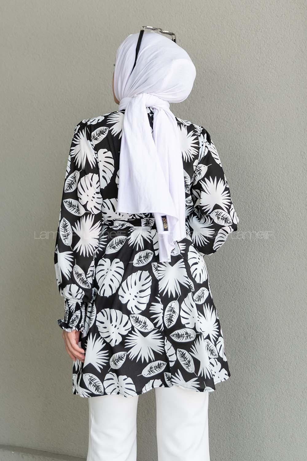 Black Mandarin Collar Viscose Fabric Printed Tunic
