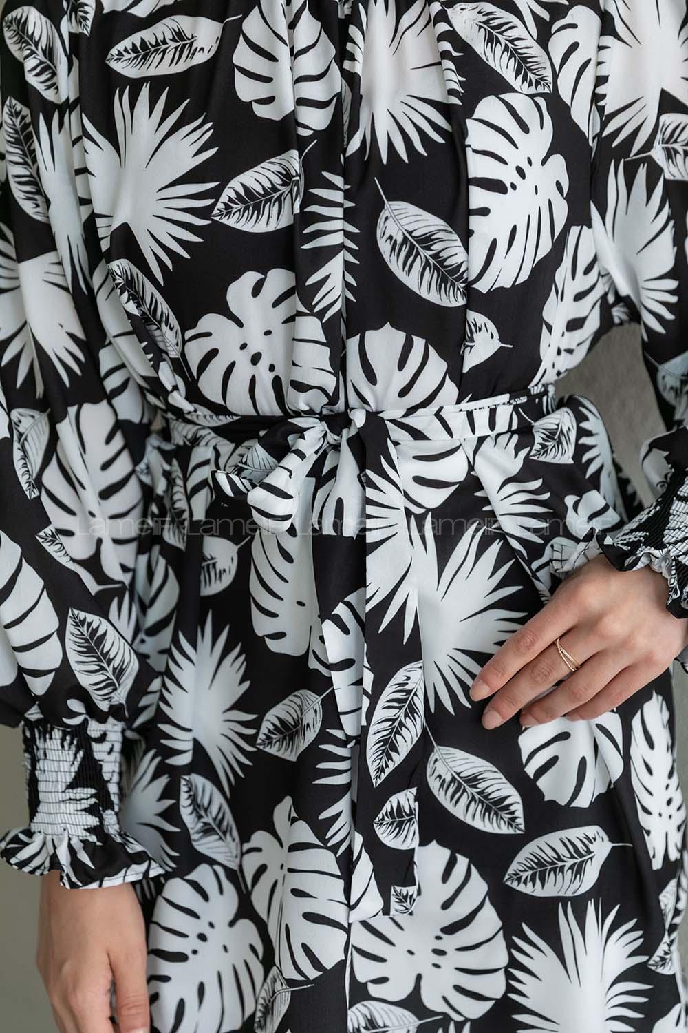 Black Mandarin Collar Viscose Fabric Printed Tunic