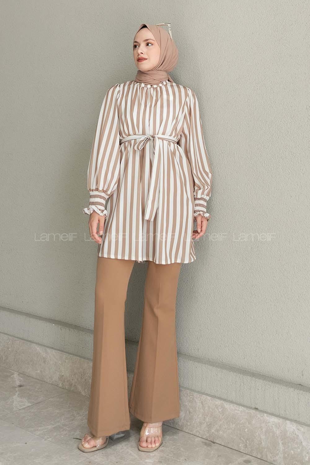 Brown With Milk Mandarin Collar Viscose Fabric Printed Tunic