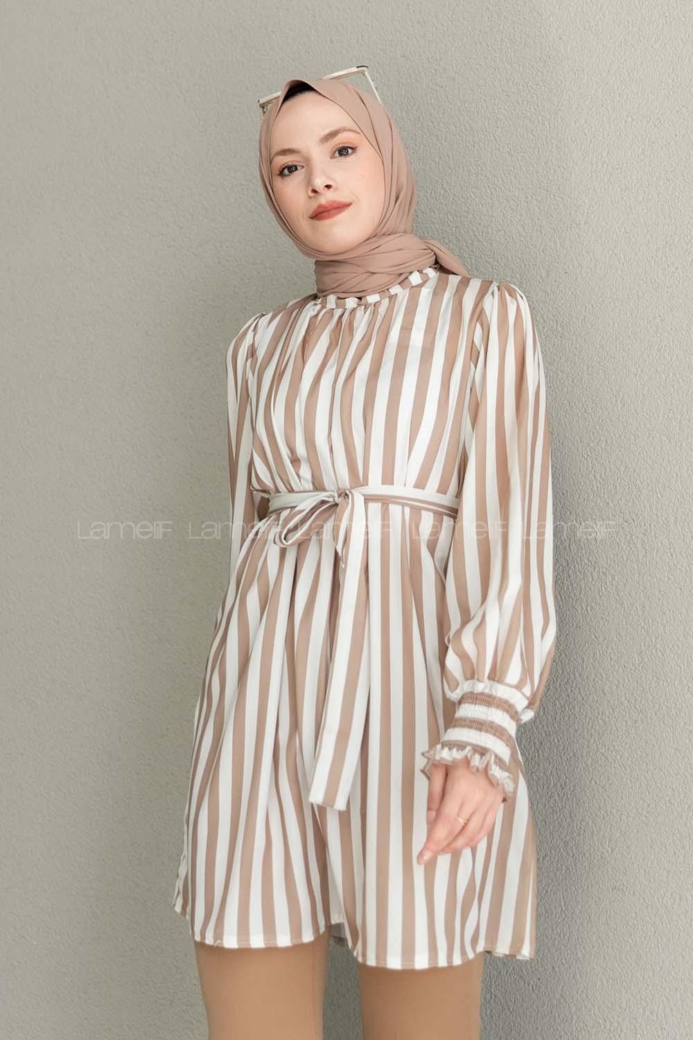 Brown With Milk Mandarin Collar Viscose Fabric Printed Tunic