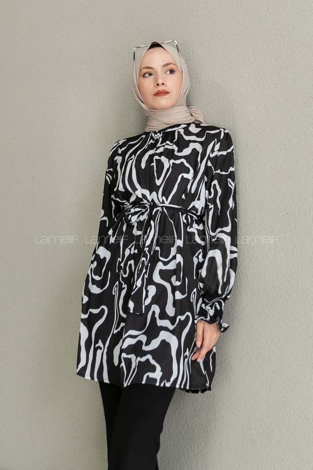 Black Mandarin Collar Viscose Fabric Printed Tunic