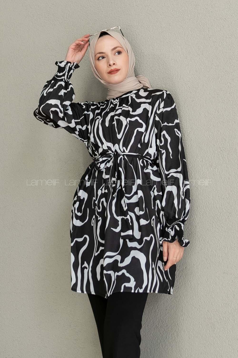Black Mandarin Collar Viscose Fabric Printed Tunic
