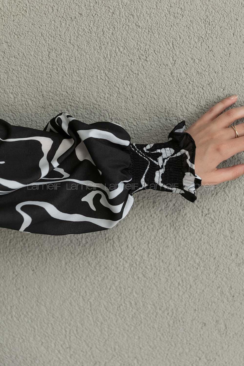 Black Mandarin Collar Viscose Fabric Printed Tunic