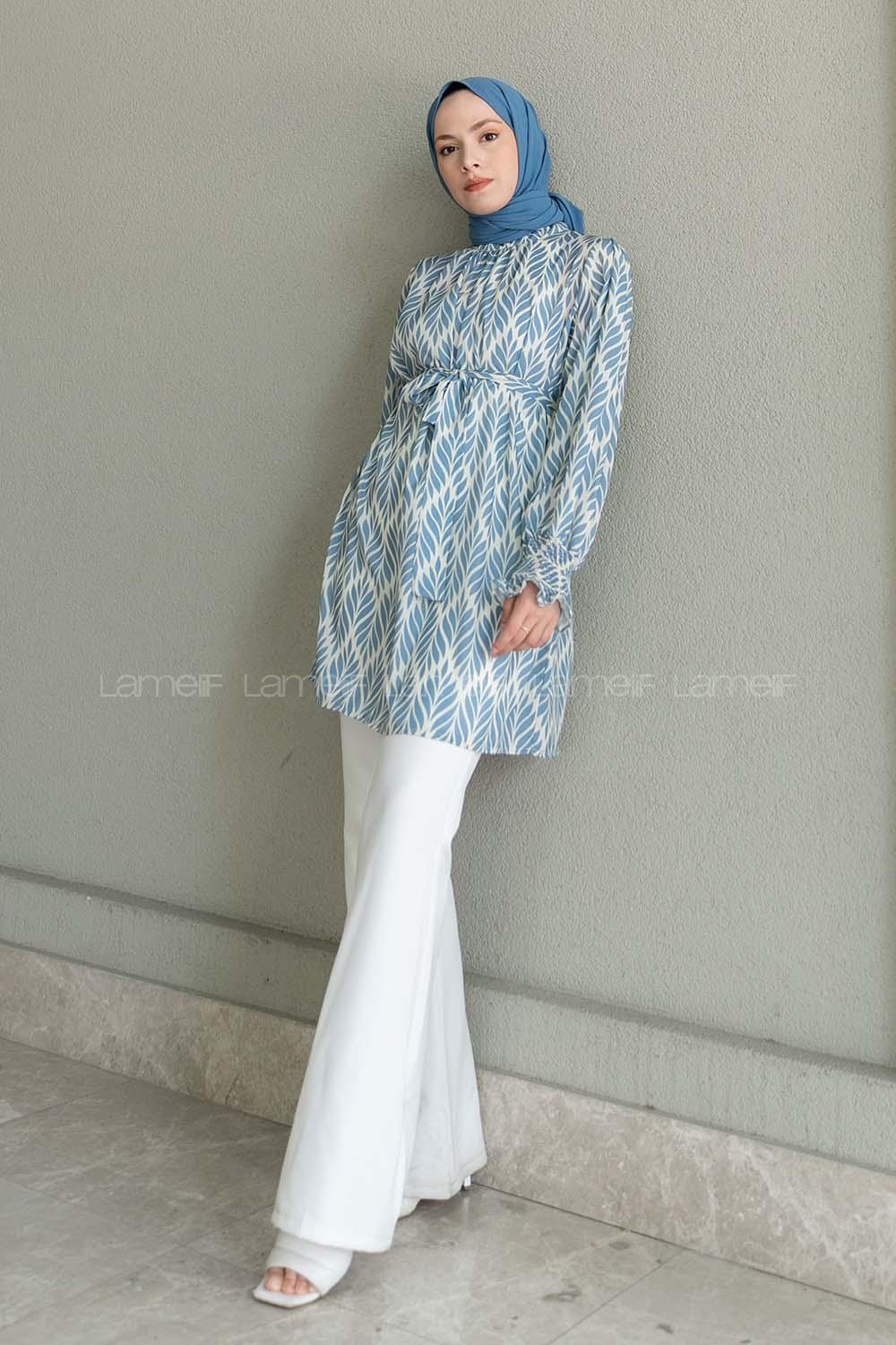 Blue Mandarin Collar Viscose Fabric Printed Tunic