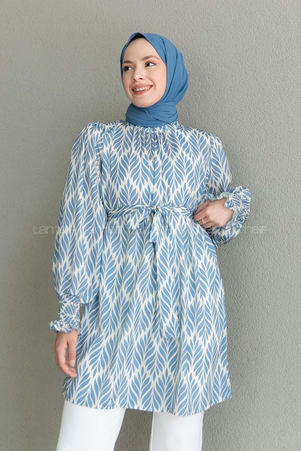 Blue Mandarin Collar Viscose Fabric Printed Tunic