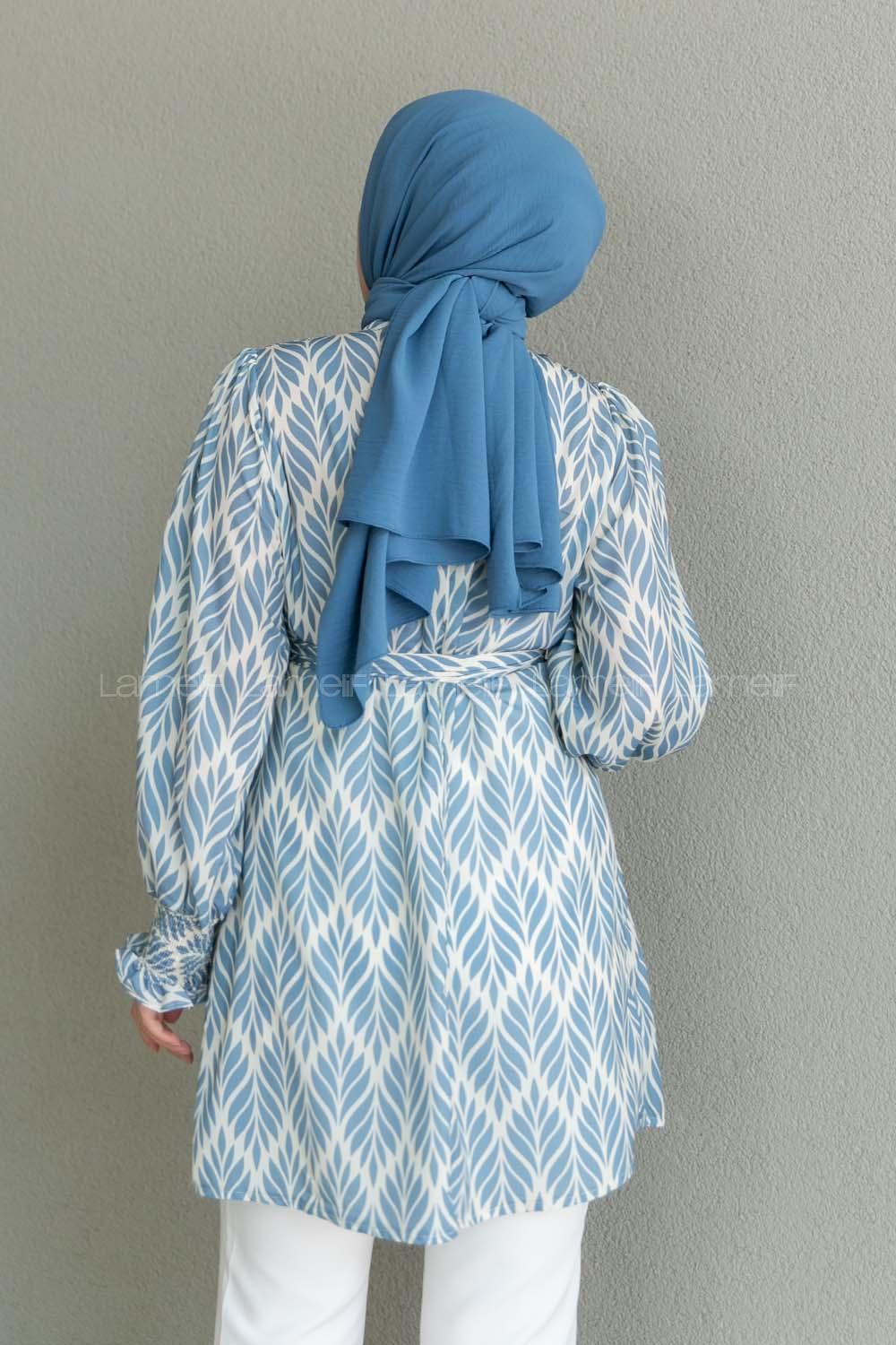 Blue Mandarin Collar Viscose Fabric Printed Tunic