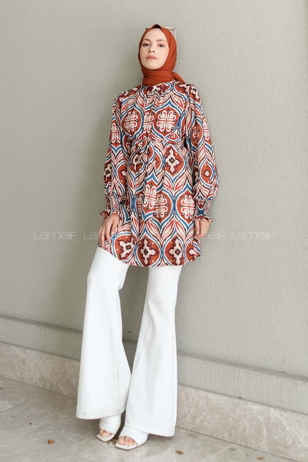Tile Mandarin Collar Viscose Fabric Printed Tunic