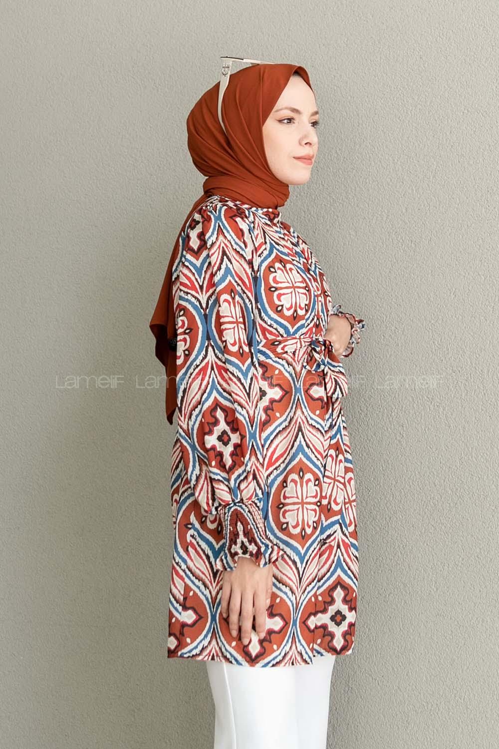 Tile Mandarin Collar Viscose Fabric Printed Tunic