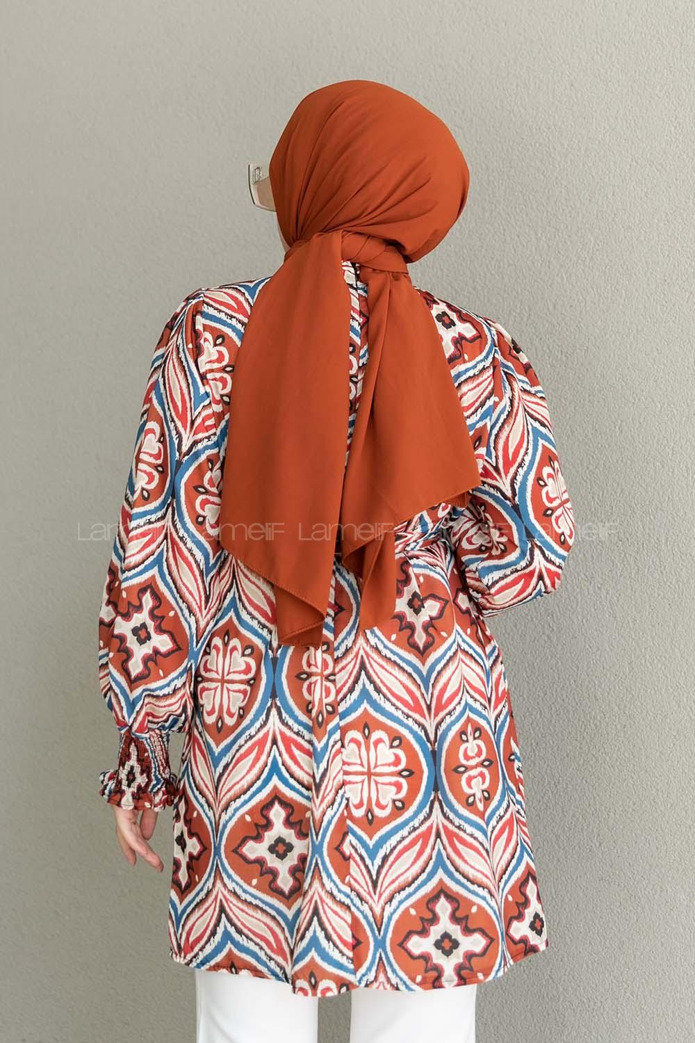 Tile Mandarin Collar Viscose Fabric Printed Tunic