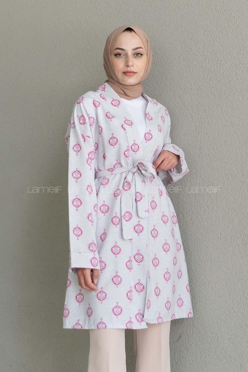 Fuchsia Long Arm Without Accessories Linen Printed Kimono