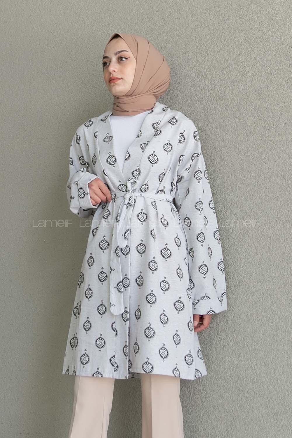 Black Long Arm Without Accessories Linen Printed Kimono