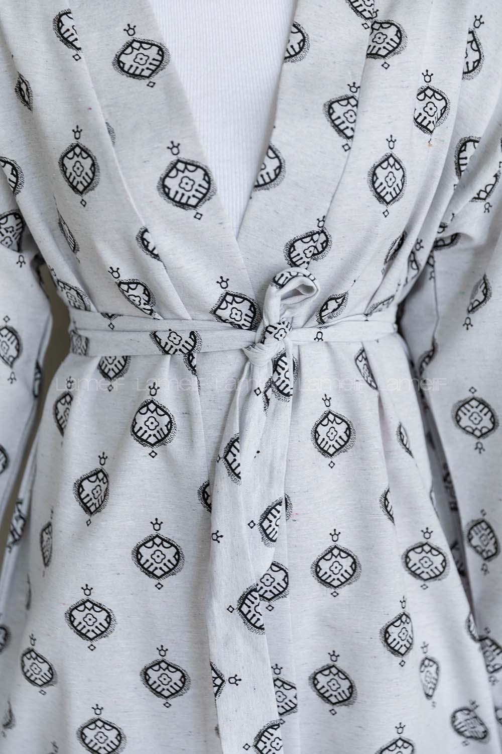 Black Long Arm Without Accessories Linen Printed Kimono