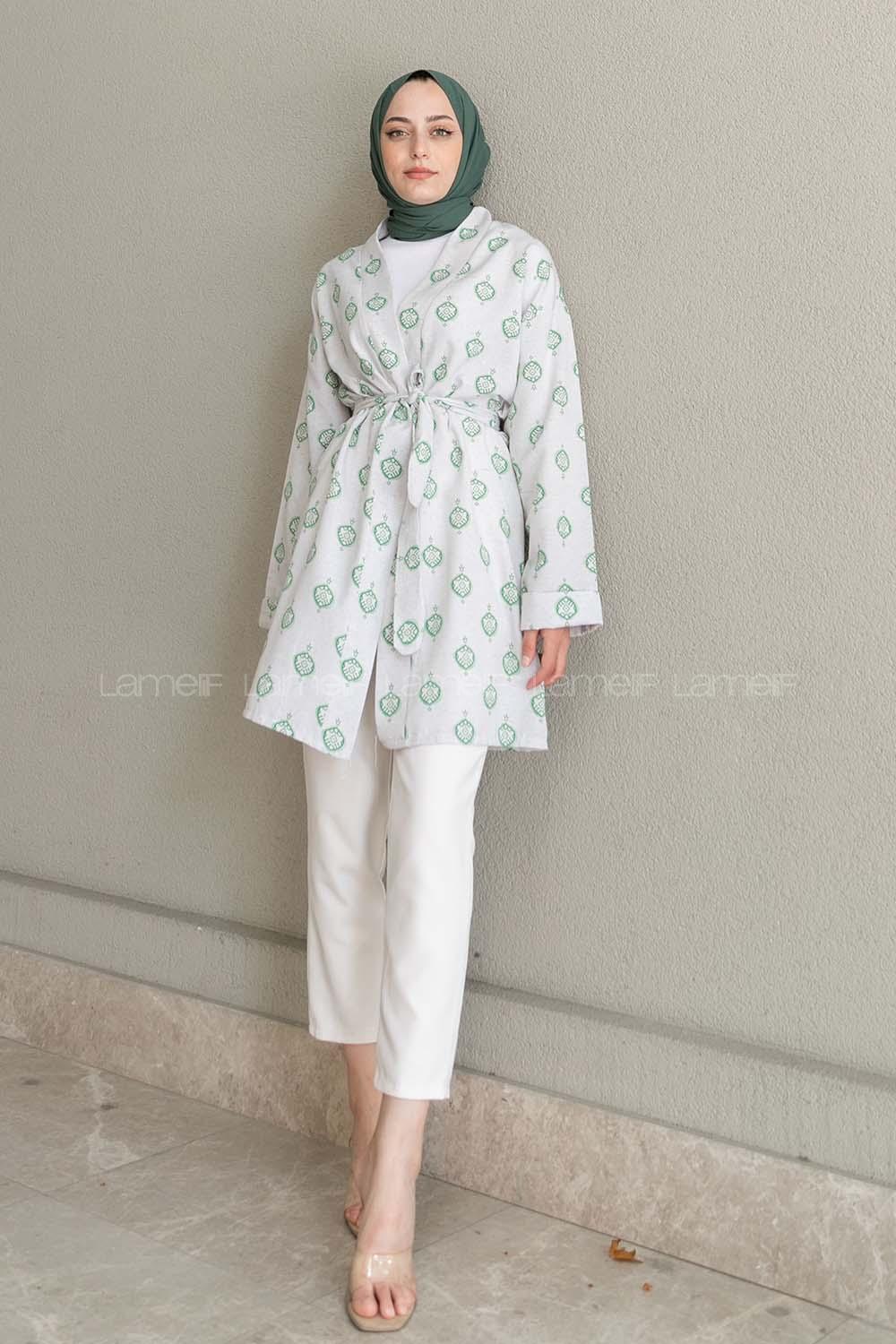 Green Long Arm Without Accessories Linen Printed Kimono