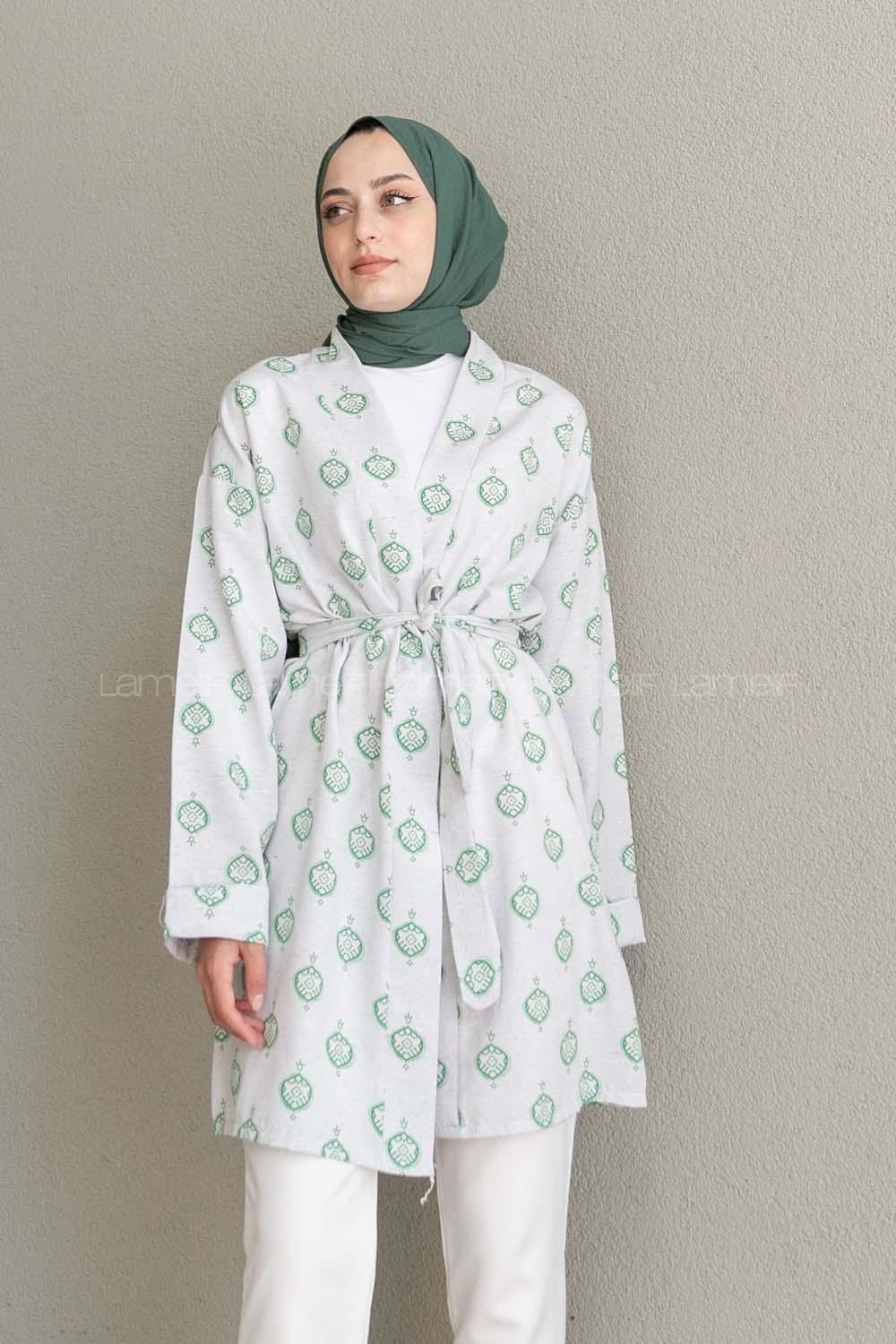 Green Long Arm Without Accessories Linen Printed Kimono