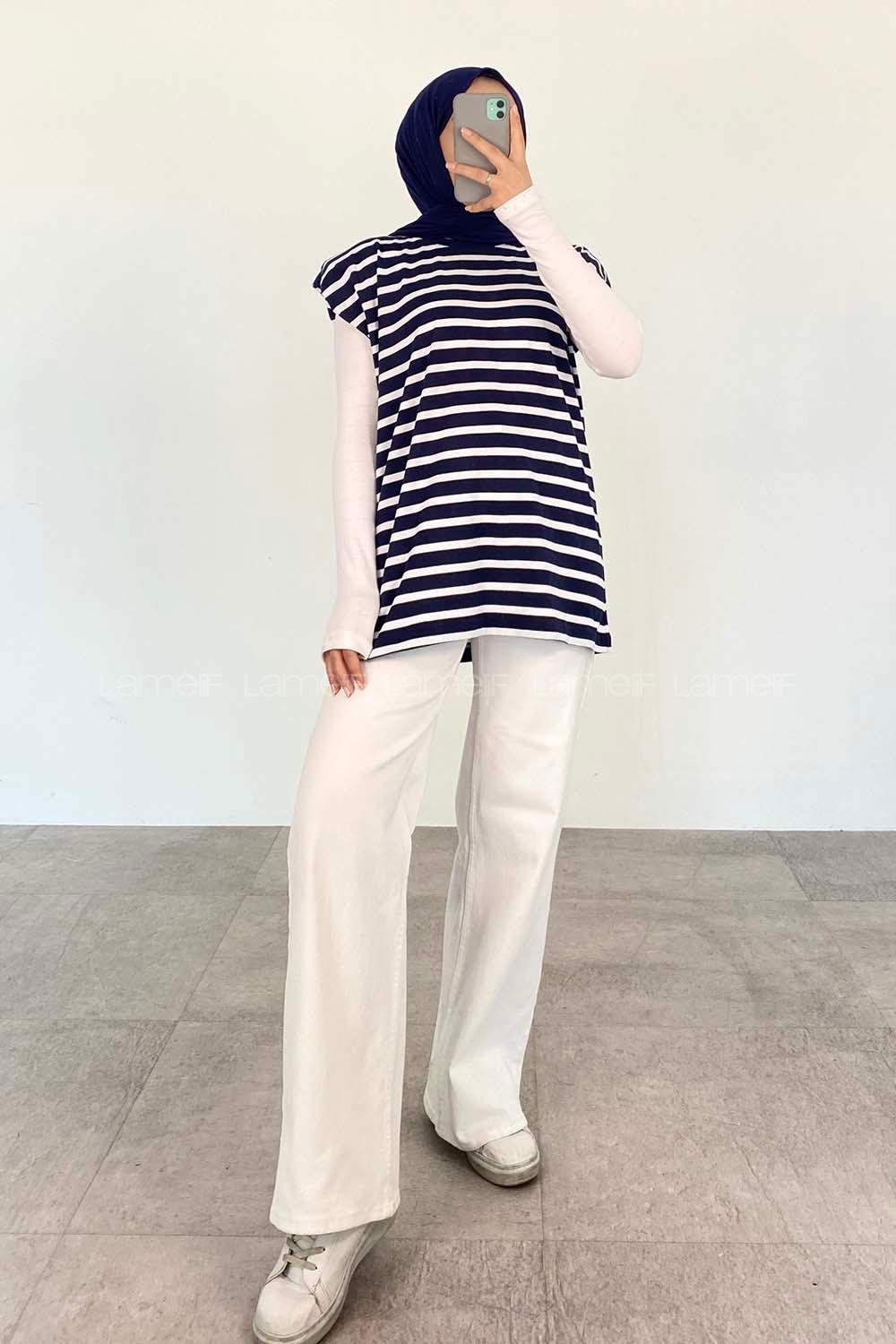 Navy Striped Crew Neck Zero Arm Cotton Printed T-shirt