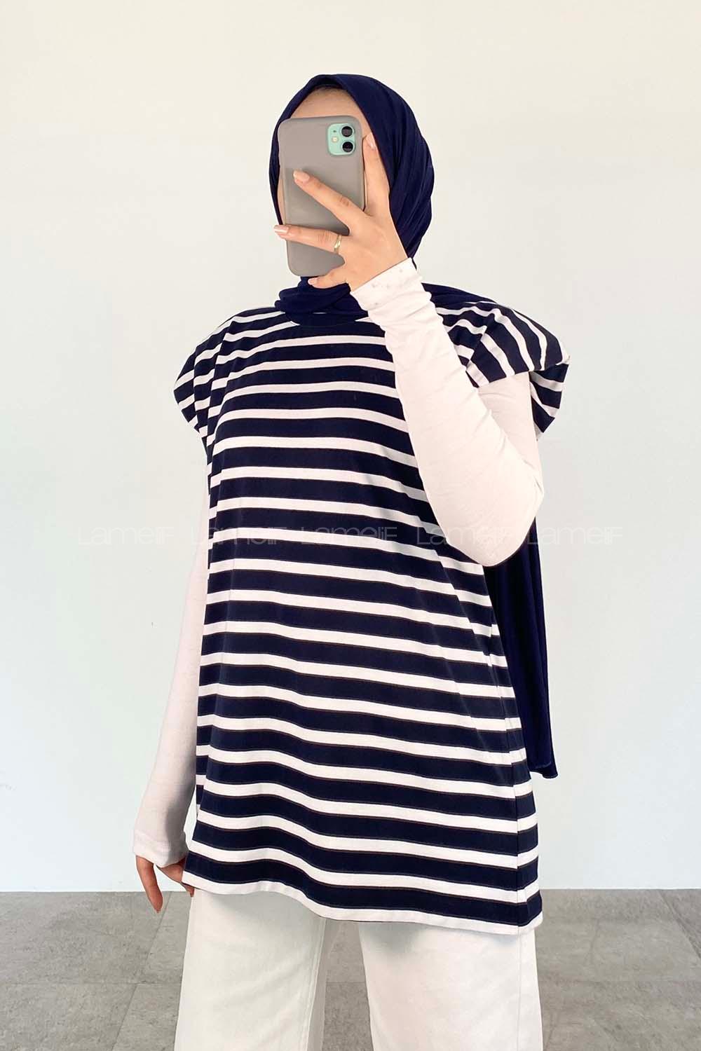 Navy Striped Crew Neck Zero Arm Cotton Printed T-shirt