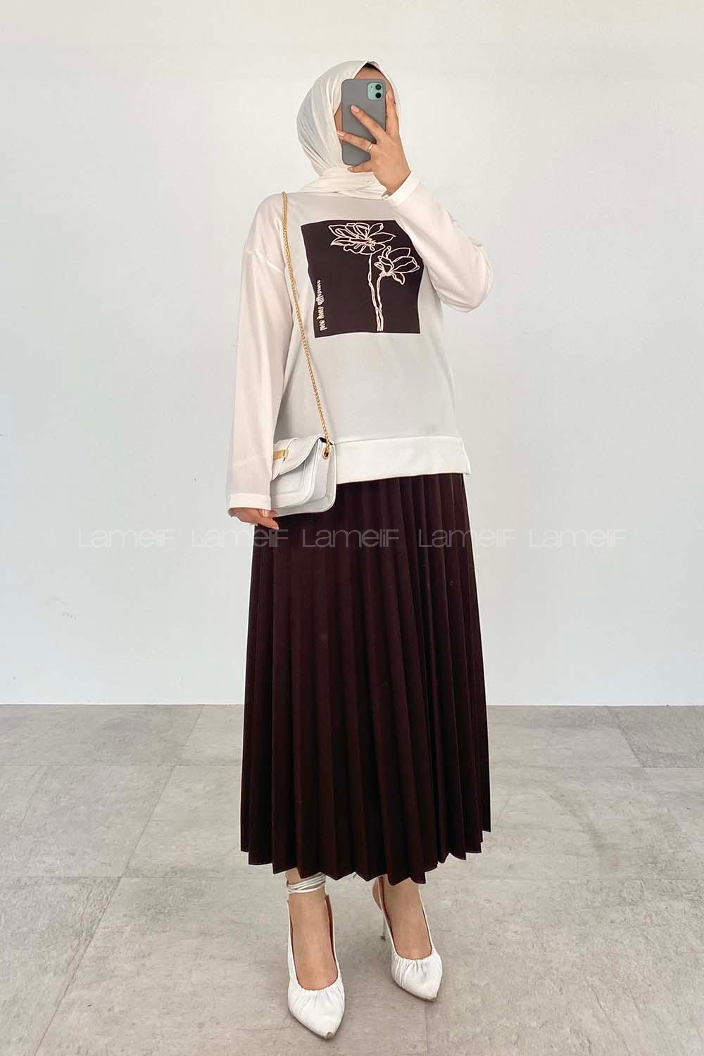 Bitter Brown Crew Neck Long Arm Without Accessories Viscose Fabric Pleated Suit