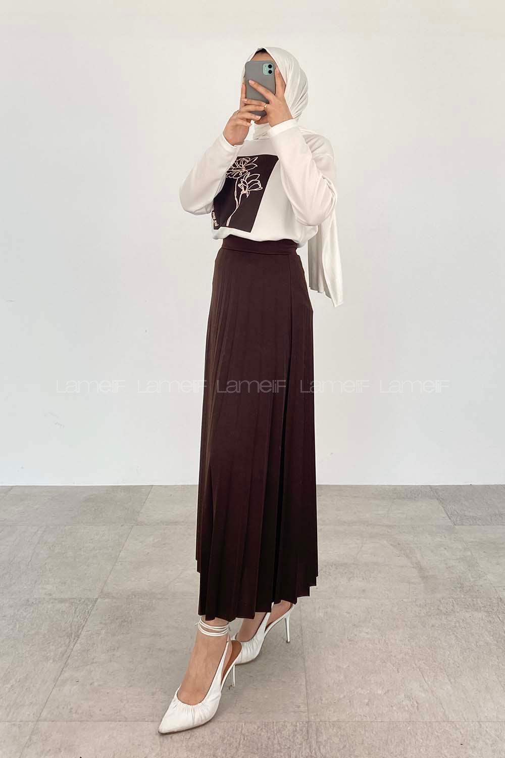 Bitter Brown Crew Neck Long Arm Without Accessories Viscose Fabric Pleated Suit