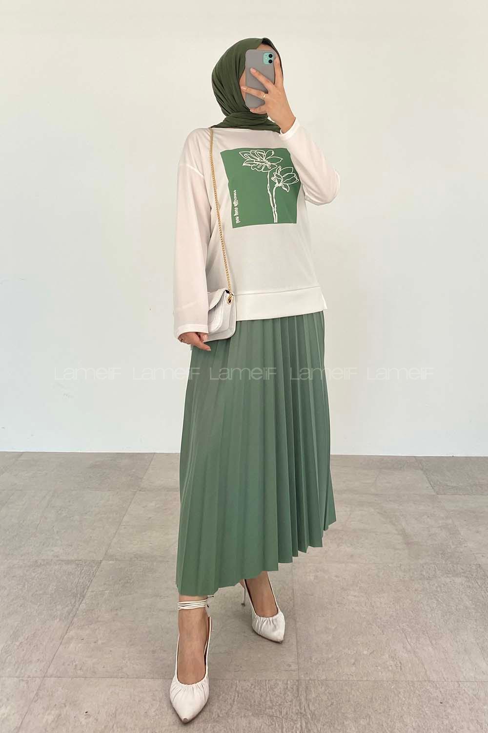 Plum Green Crew Neck Long Arm Without Accessories Viscose Fabric Pleated Suit