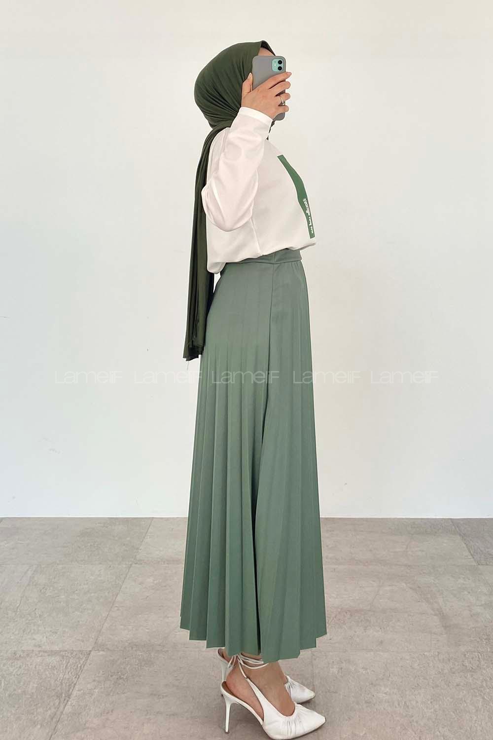 Plum Green Crew Neck Long Arm Without Accessories Viscose Fabric Pleated Suit
