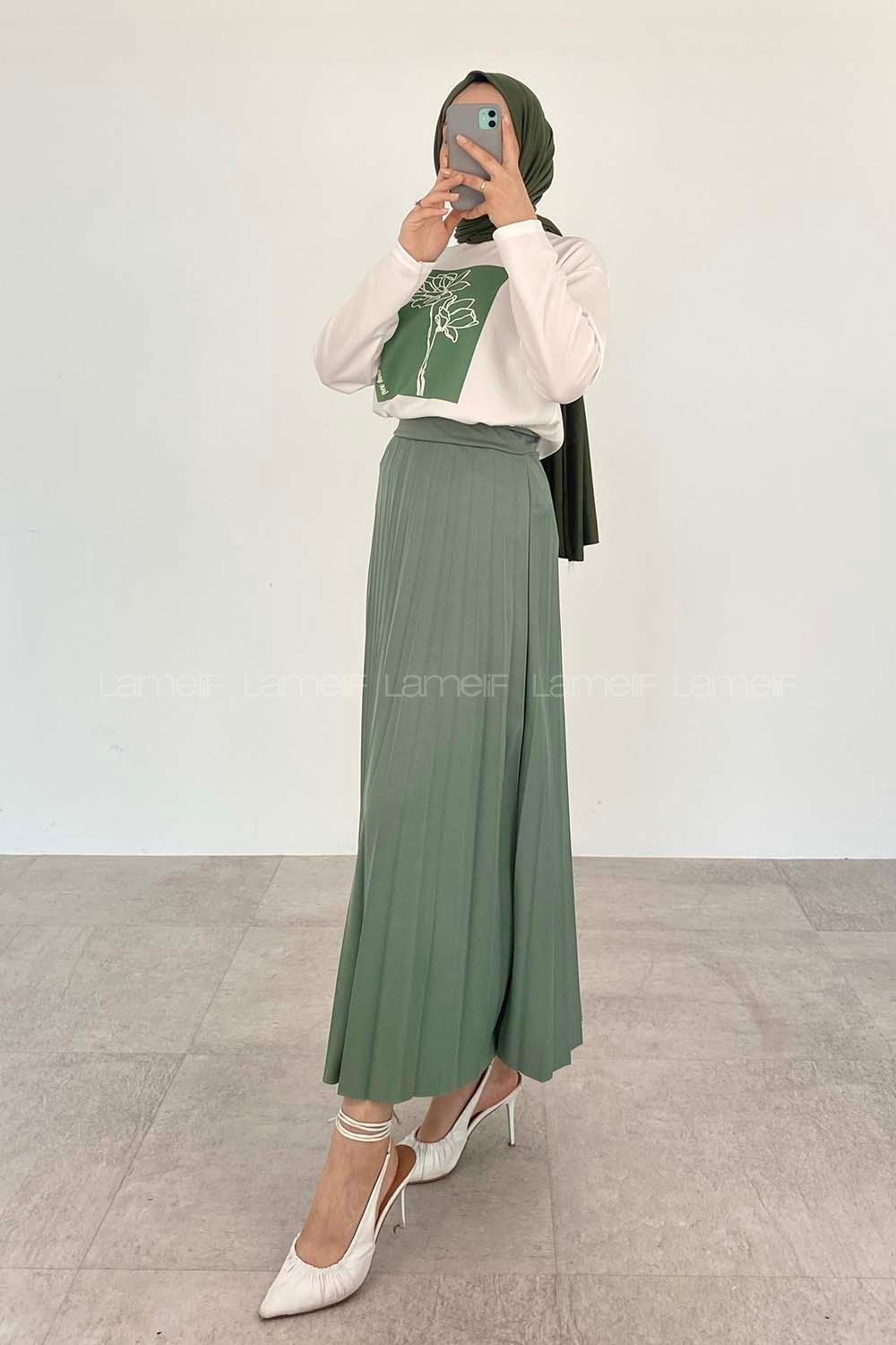 Plum Green Crew Neck Long Arm Without Accessories Viscose Fabric Pleated Suit