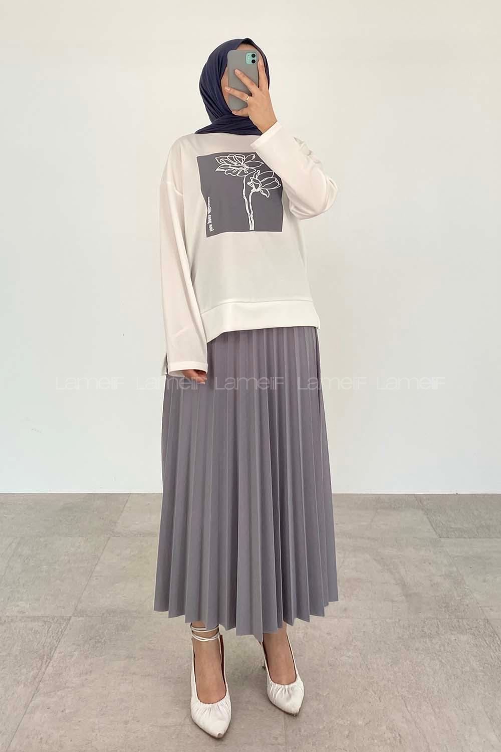 Gray Crew Neck Long Arm Without Accessories Viscose Fabric Pleated Suit