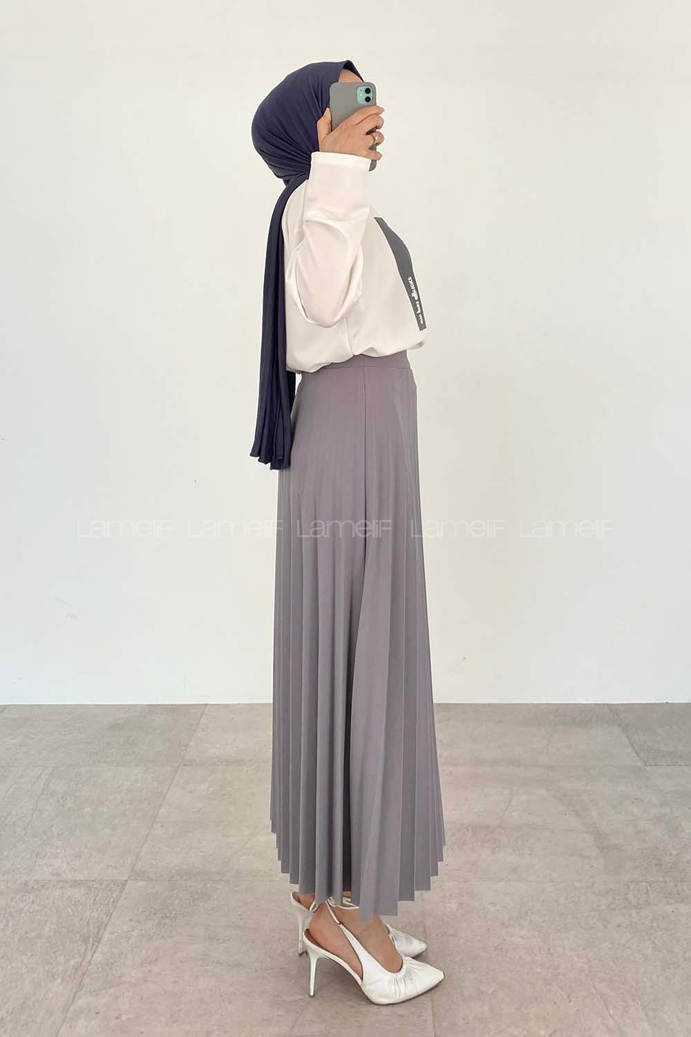 Gray Crew Neck Long Arm Without Accessories Viscose Fabric Pleated Suit