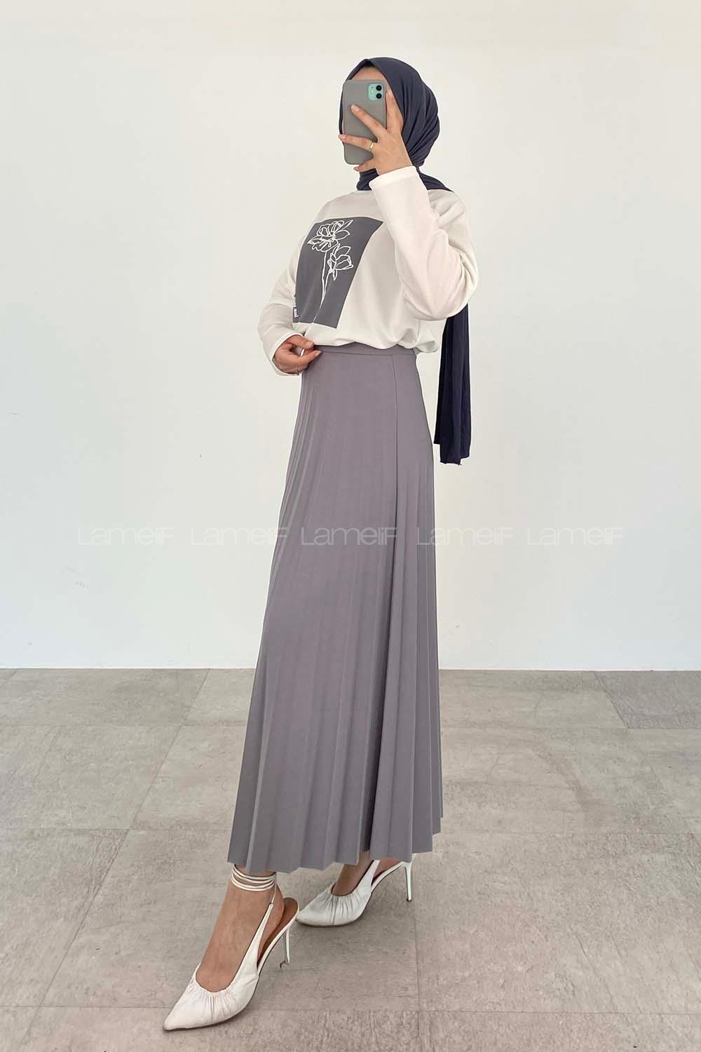 Gray Crew Neck Long Arm Without Accessories Viscose Fabric Pleated Suit