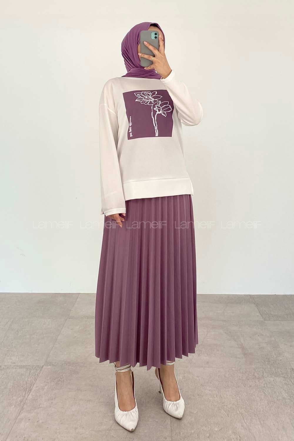Lilac Crew Neck Long Arm Without Accessories Viscose Fabric Pleated Suit