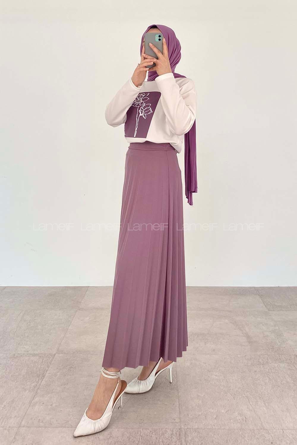 Lilac Crew Neck Long Arm Without Accessories Viscose Fabric Pleated Suit