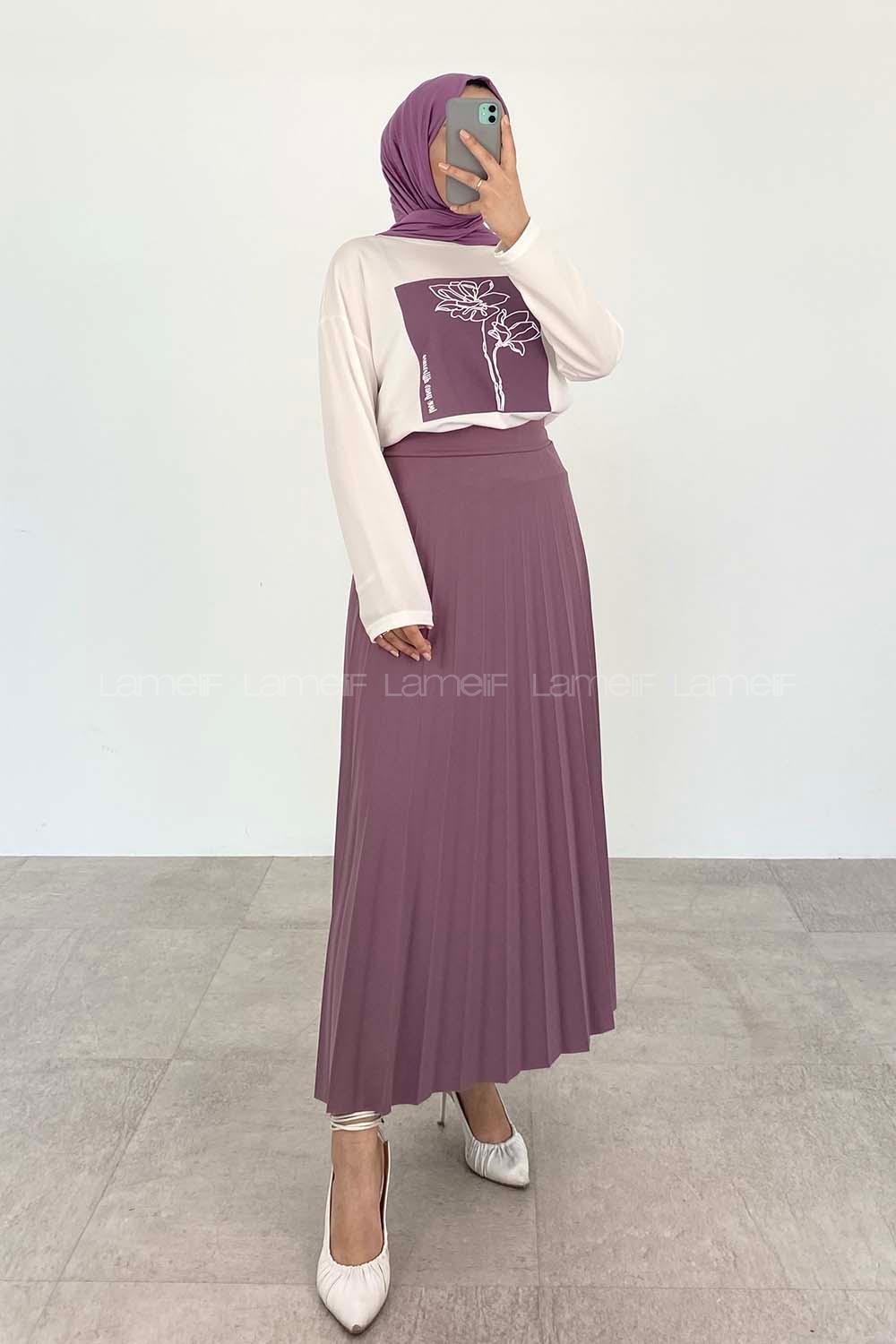 Lilac Crew Neck Long Arm Without Accessories Viscose Fabric Pleated Suit