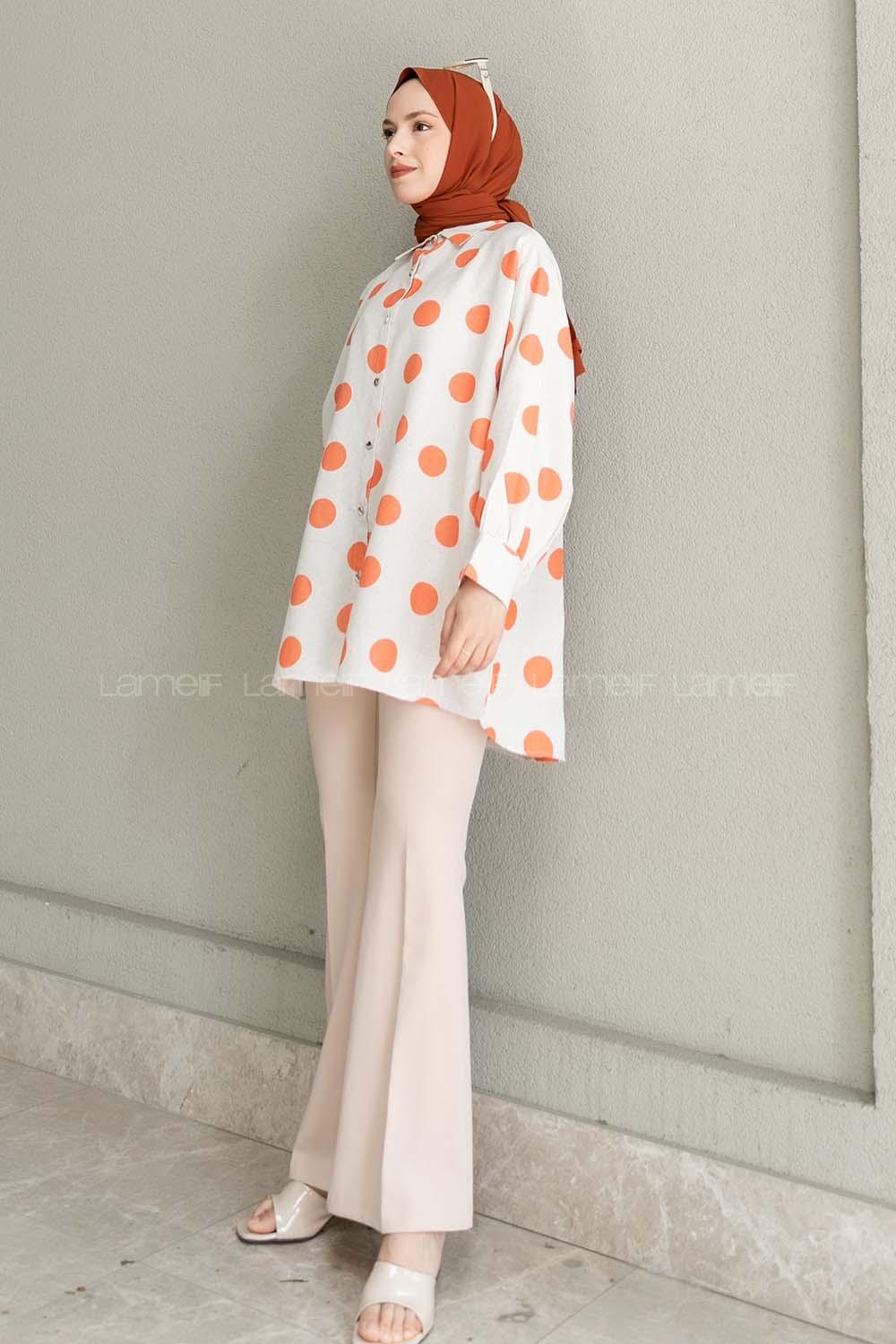 Orange Shirt Collar Long Arm Linen Printed Shirt
