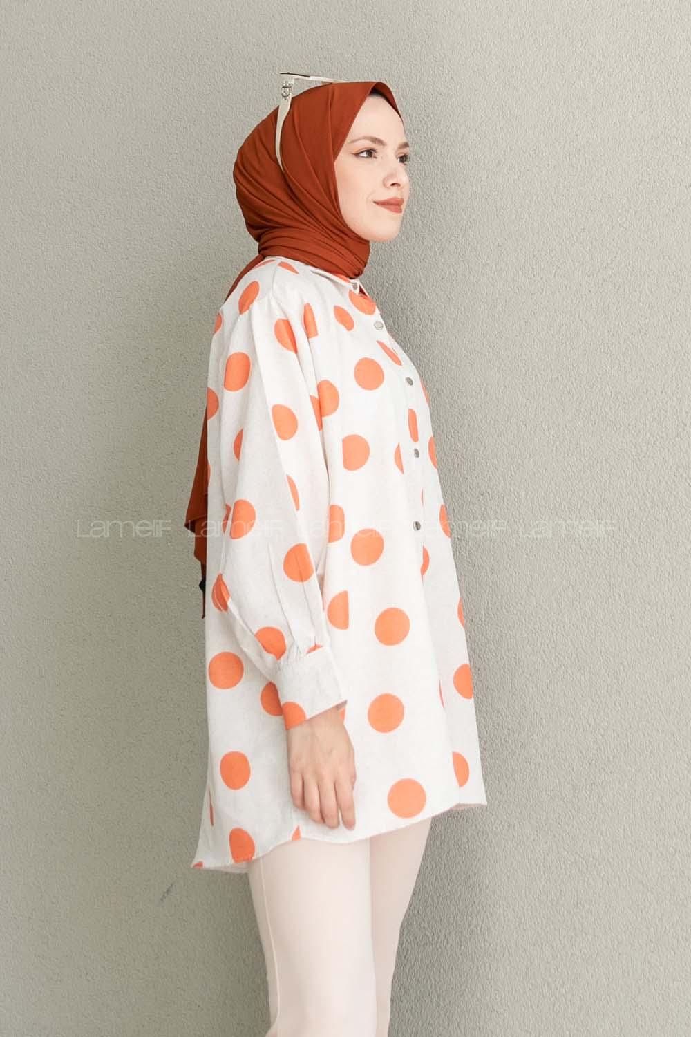 Orange Shirt Collar Long Arm Linen Printed Shirt