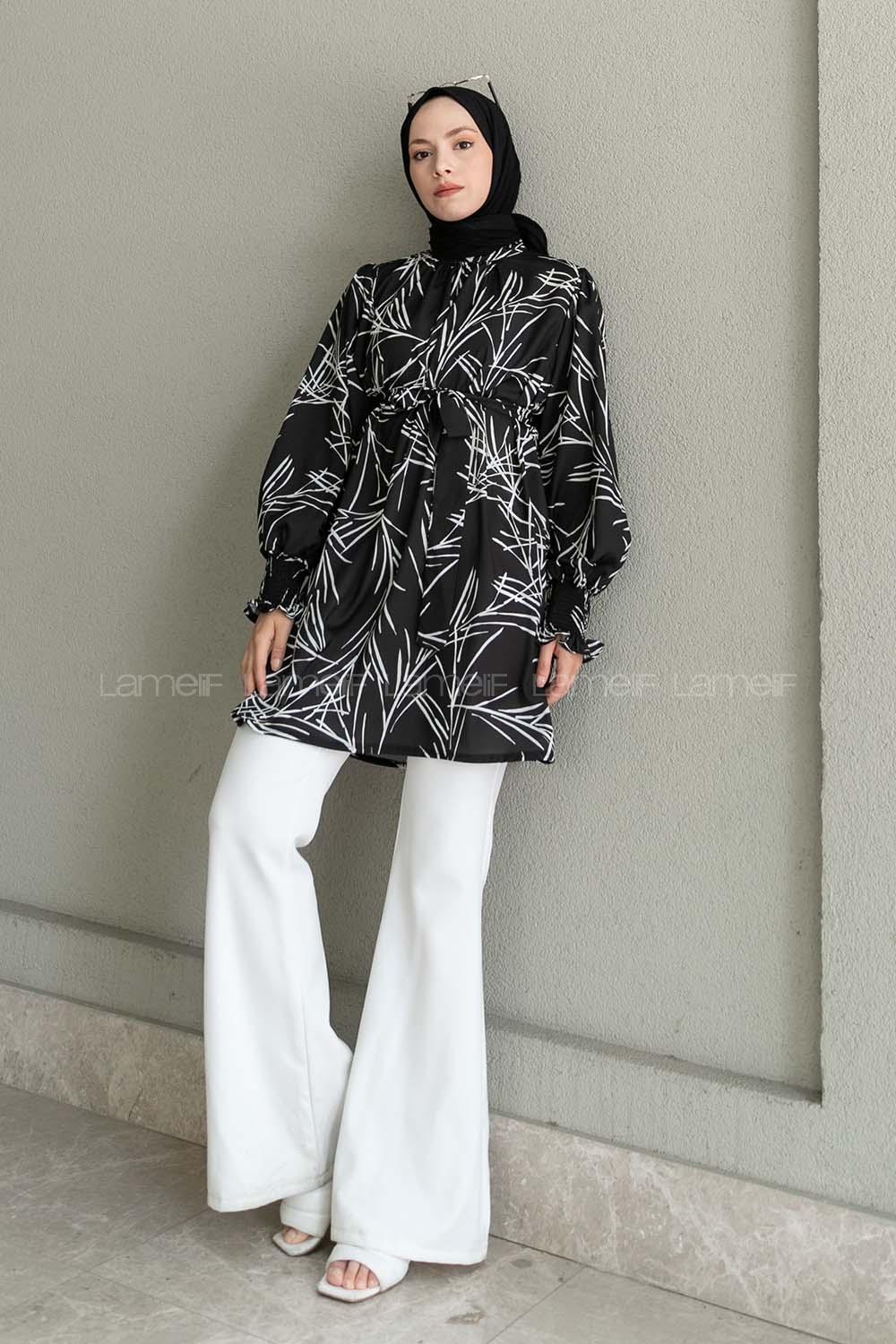 Black Mandarin Collar Viscose Fabric Printed Tunic