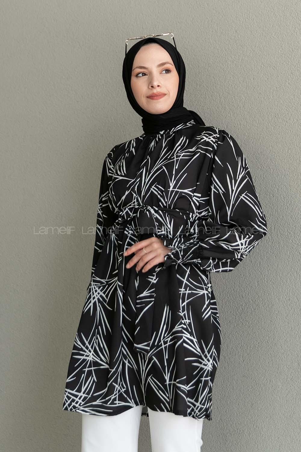 Black Mandarin Collar Viscose Fabric Printed Tunic