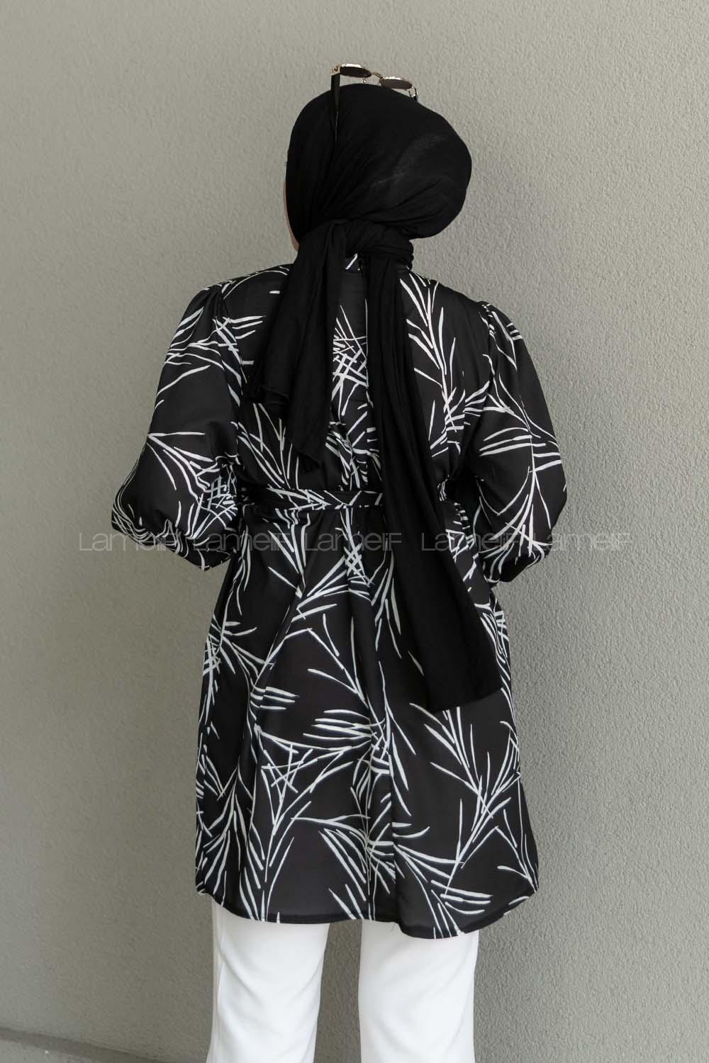 Black Mandarin Collar Viscose Fabric Printed Tunic