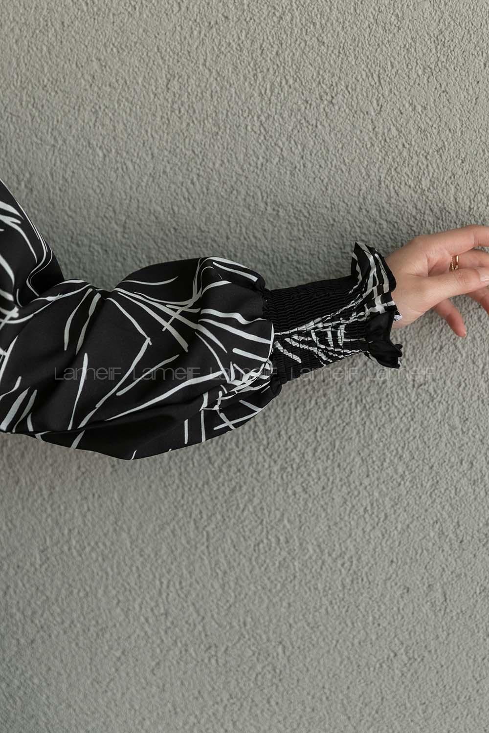 Black Mandarin Collar Viscose Fabric Printed Tunic