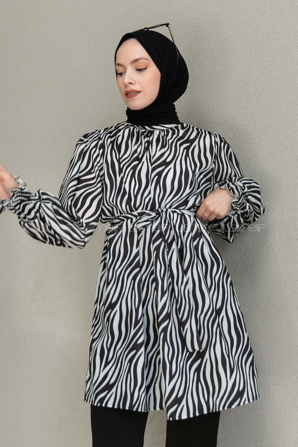 Black Mandarin Collar Viscose Fabric Printed Tunic