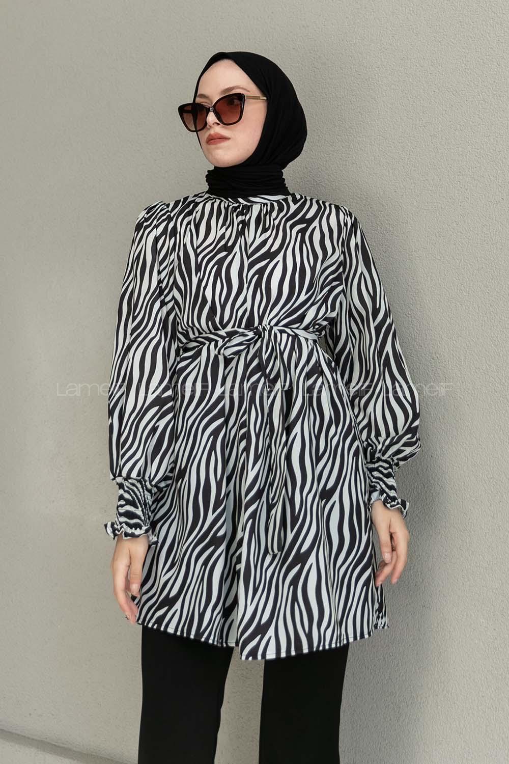 Black Mandarin Collar Viscose Fabric Printed Tunic