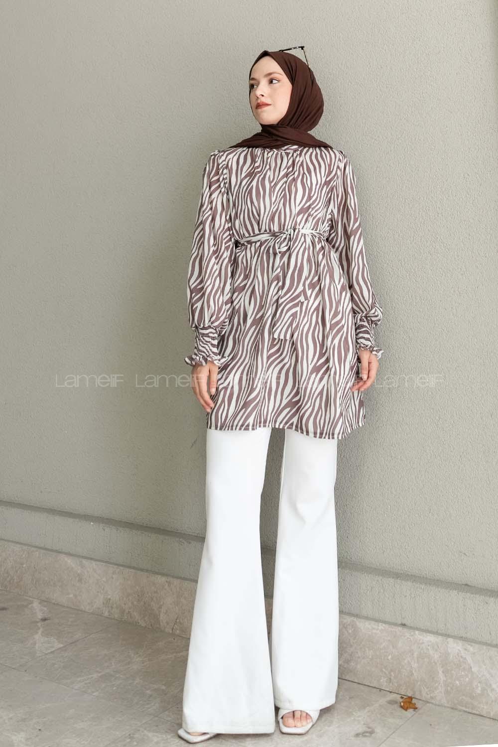 Soft Brown Mandarin Collar Viscose Fabric Printed Tunic