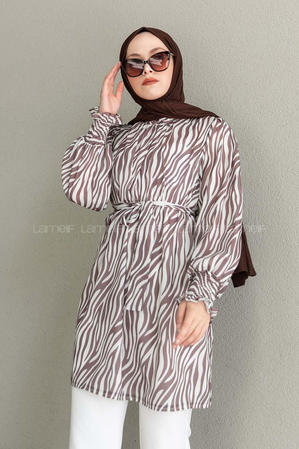 Soft Brown Mandarin Collar Viscose Fabric Printed Tunic